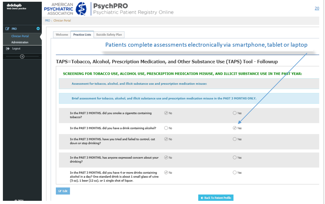 Screenshot of the PsychPRO dashboard with the text Patients complete assessments electronically via smartphone, tablet or laptop